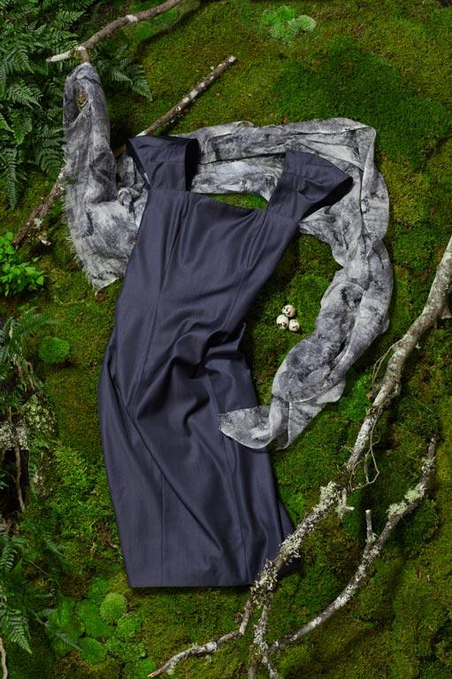 SANTORELLI cap sleeve wool denim dress in dark blue, $398. ME & KASHMIERE misty print scarf in light gray, $175.